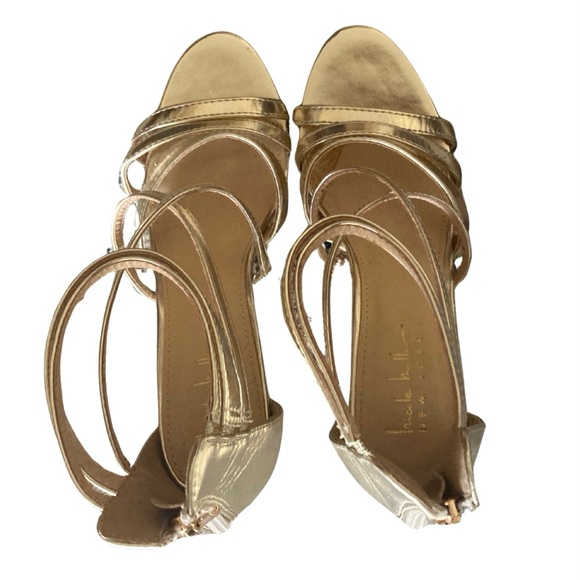 Nicole Miller Metallic Gold Strappy Chunky Heels Size 8 - Picture 6 of 12